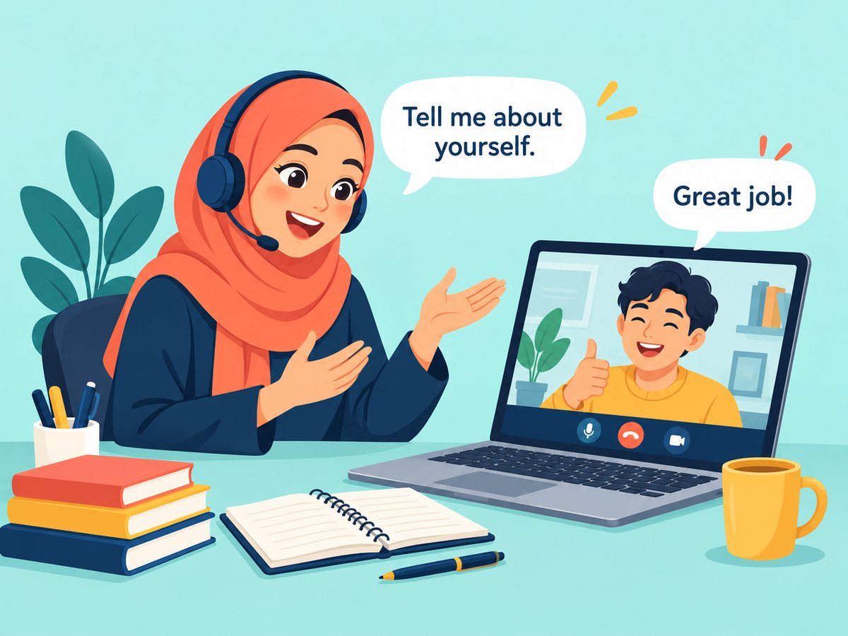Tutor dan murid latihan percakapan English lewat video call